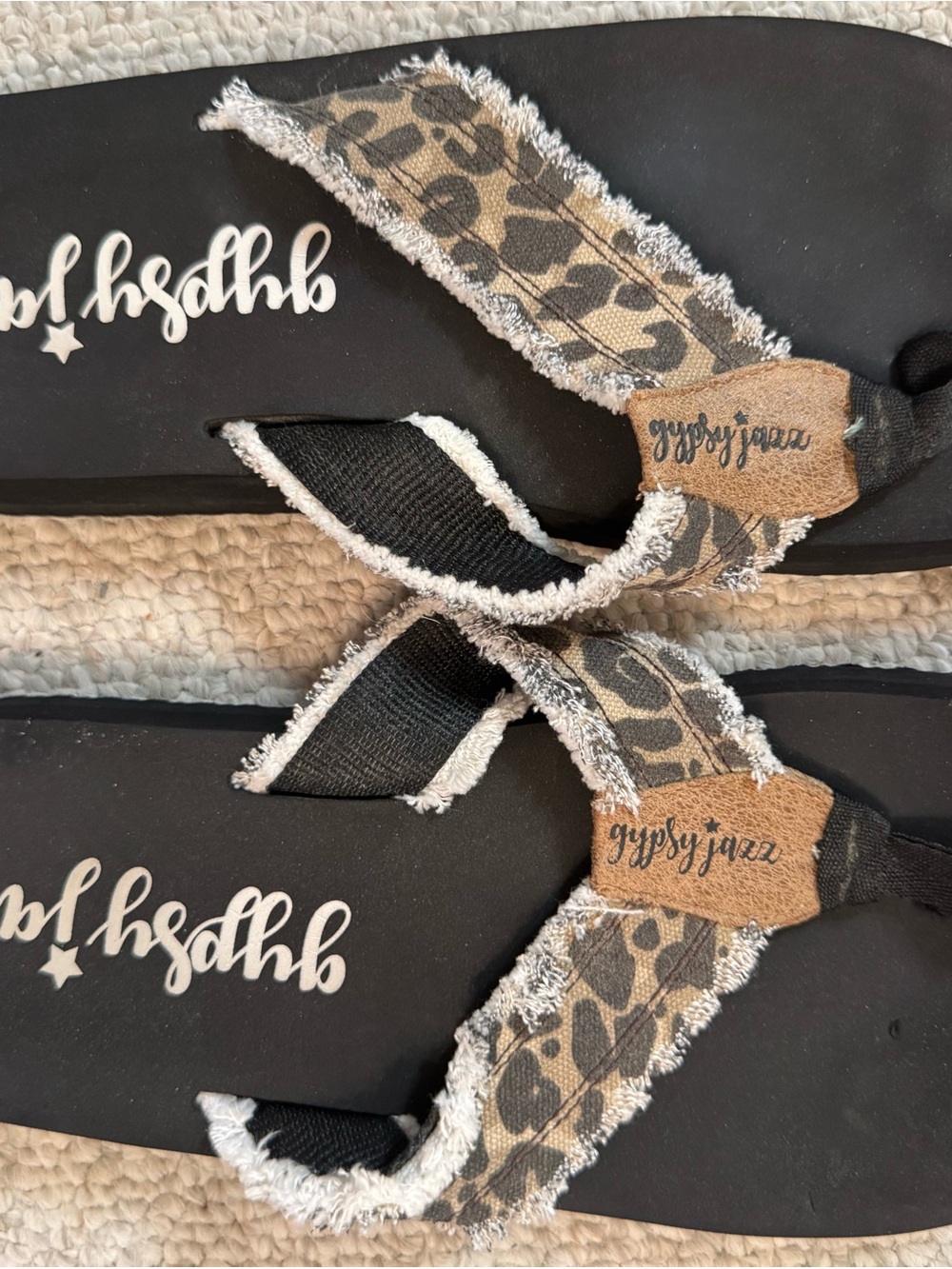 Gypsy Jazz Black and Tan Leopard Strap Flip Flops